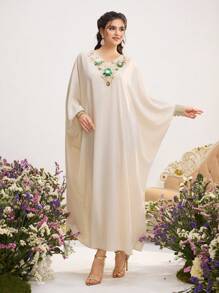 Al Najma Women's Apricot V-Neck Three-Dimensional Beaded Edge Turkish Bat Sleeve Stitching Kaftan & Arabian Traditional Long Dress Spring Valentine's Day, Kaftan & Jalabiya,Modest - Apricot - View 7