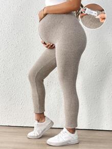 SHEIN Maternity Fleece Ribbed High Waist Leggings - Apricot - View 1