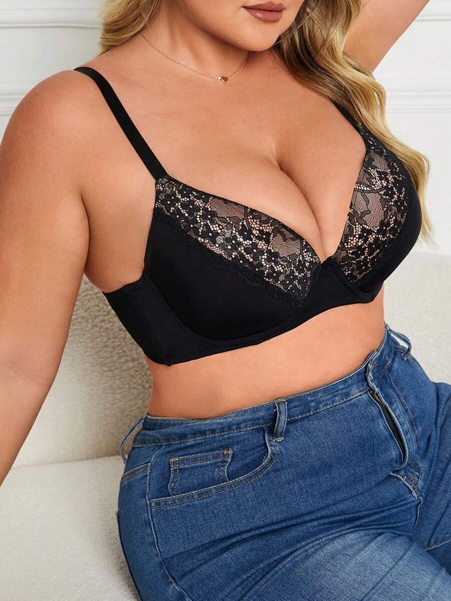 1pc Plus Size Lace Patchwork Underwire Bra - Black - View 1