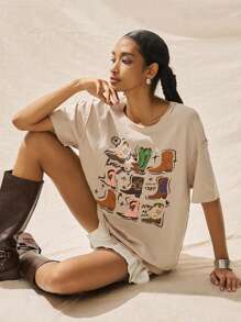 Easelle Botas de mujer de punto color albaricoque, camiseta de cuello redondo con estampado y hombros caídos - Albaricoque - Ver 1