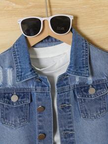 2pcs Toddler Boys Ripped Denim Vest Jacket And Jean Shorts Set - Medium Wash - View 3