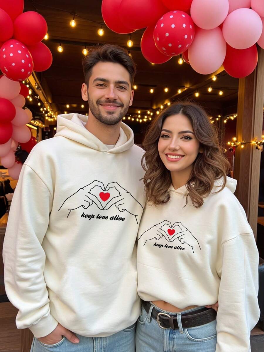 HIMLAND 男士宽松落肩连帽衫，印有心形手势和情书图案，适合情人节、秋冬季穿着，长袖上衣 - 白色 - 查看 1