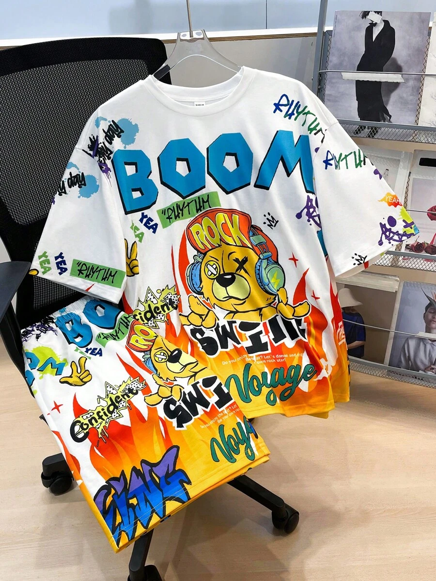 SHEIN Leap Crew 2pcs Set Teen Boy'sStreetwear Flame Printed Short Sleeve T-Shirt And Shorts 2PCS Outfit;Spring Wear; Teen Boys' Clothing; Teen Boy' Jackets, Spring Back To School - Multicolor - View 1