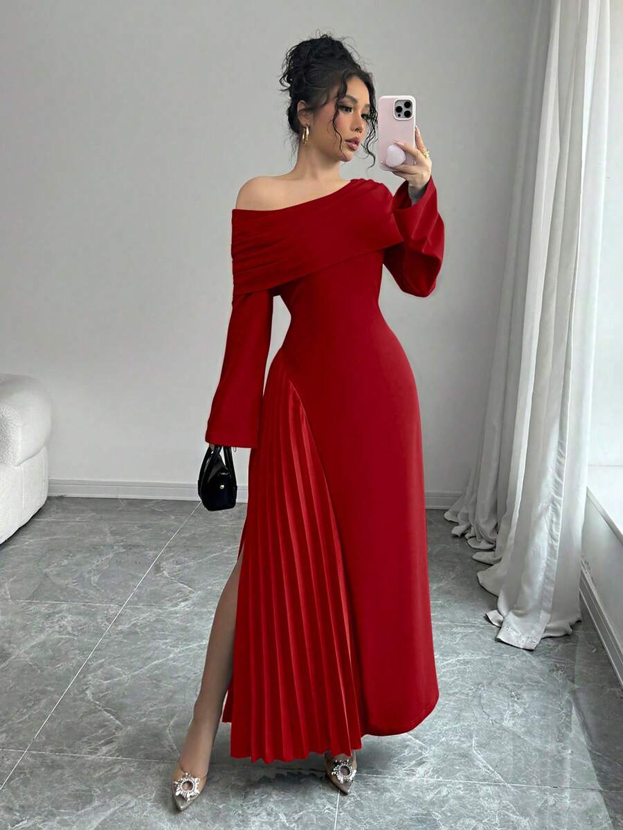 Elenzga Robe longue élégante pour femmes, en couleur unie, avec épaule oblique attrayante, taille froncée, volant asymétrique au bas, idéale pour les déplacements et les soirées - Rouge - Voir 1