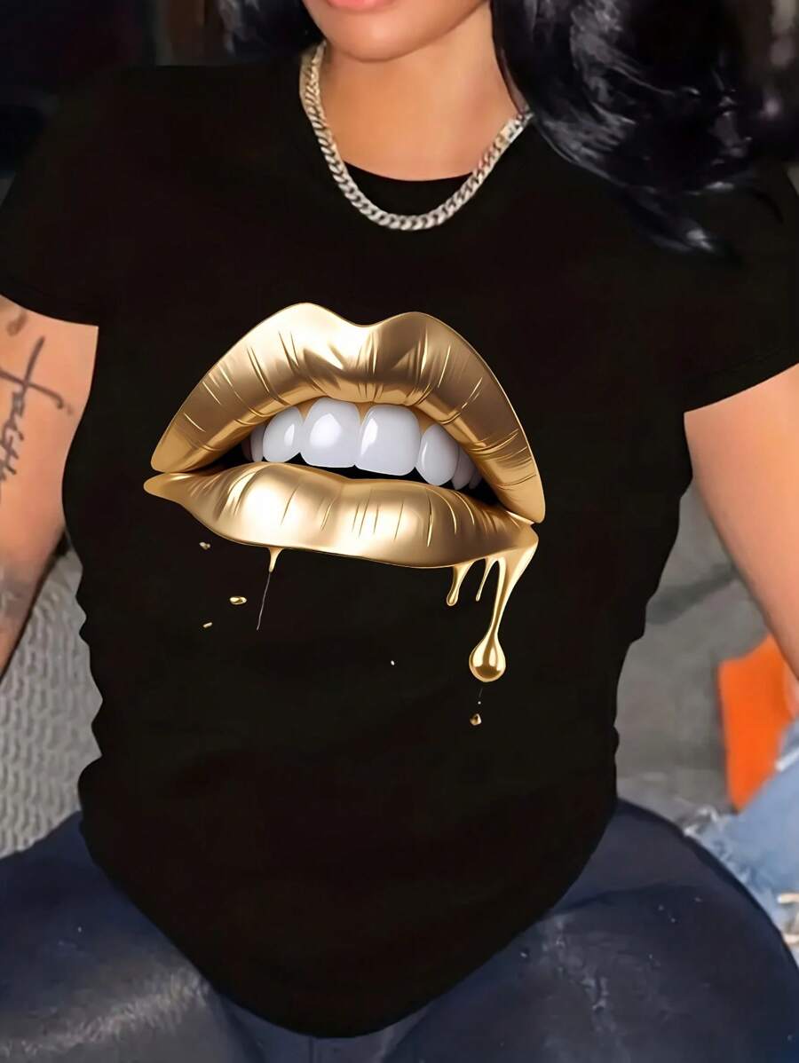 Maweii 大码圆领短袖 T 恤图案 T 恤女式上衣 - 黑色 - 查看 1