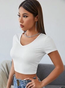 SHEIN EZwear Women's Solid Color V-Neck Short Sleeve Slim Rib Knit T-Shirt