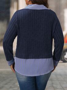 Juhart Plus Size Women Colorblock Striped Patchwork Knitted Casual Loose Fitting Shirt Collar Pullover Top Fall Cloth For Women - Navy Blue - View 2