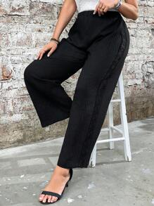 SHEIN LUNE Plus Size Solid Color Lace Patchwork Casual Loose Pants, Everyday Wear