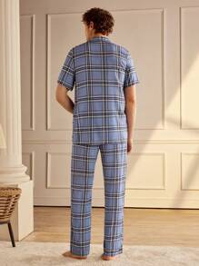 EverLounge Men's Front Button Short Sleeve Plaid Simple Top & Long Pants Pajama Set - Blue - View 2