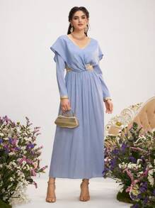 SHEIN Najma Váy dài tay cổ chữ V chắp vá màu xanh lam cho nữ theo phong cách Ả Rập tối giản, váy Ả Rập, ngày lễ tình nhân mùa xuân - Màu xanh bụi bặm - Xem 5