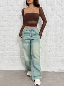 SHEIN EZwear Camiseta ajustada para mujer con cuello cuadrado de malla marrón - Marrón Chocolate - Ver 4