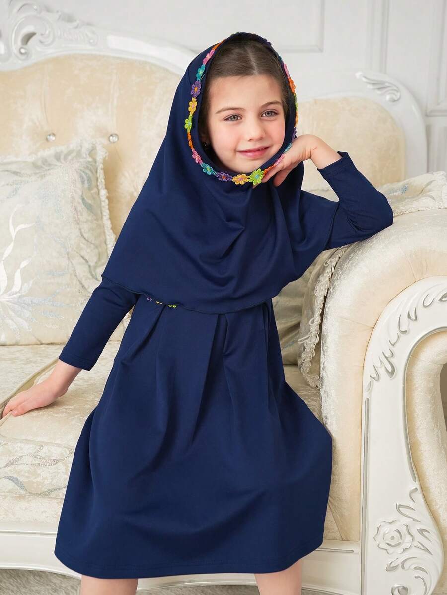 SHEIN Ramadan Young Girl Ruffled Long Sleeve Dress & Headscarf 2 Pieces Set, Traditional Style, Spring/Summer - Navy Blue - View 1