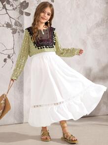 SHEIN 2pcs/Set Tween Girls Floral Collar Trim Cropped Long Sleeve Top And Sleeveless Dress - Multicolor - View 7