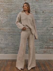MUSERA Open V-Neck Knit Long Sleeve Oversized Collared Sweatshirt Chic - Apricot - View 4