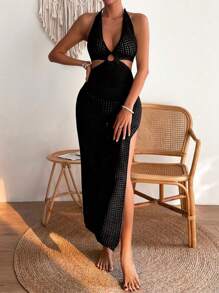 Breezaya Ring Linked Cut Out Split Thigh Halter Neck Backless Cover Up Dress,Summer Beach - Black - View 3