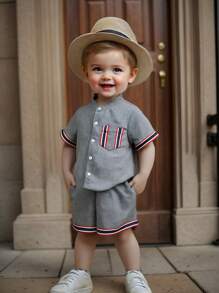 SHEIN 2pcs Set Baby Boy Summer Casual Elegant Adorable Gray Contrast Tape Short Sleeve Shirt And Shorts Outfit, Suitable For Birthday Party, Evening Party, Performance, Wedding, One-Month-Old Celebration And First Birthday - Multicolor - View 8