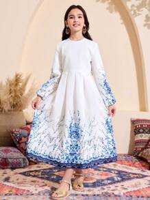 Tween Girl Digital Print Long Sleeve Dress - White - View 6