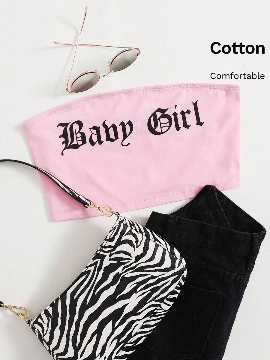 SHEIN EZwear 字母图案短款抹胸 - 淺粉色 - View 1