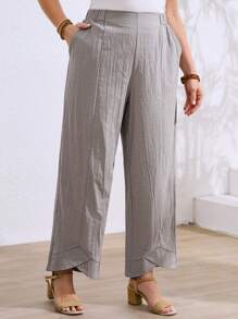 SHEIN LUNE Plus Size Women's Plain Grey Pants,Textured Linen-Like Fabric,Asymmetrical Criss-Cross Design,Elastic Waist,Smart Casual Autumn Vacation Clothes - Grey - View 1