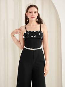 SHEIN Leap Crew 少女优雅黑色奢华珍珠宽腿连体裤，春夏秋冬，连体裤，户外，感恩节，返校节，万圣节，圣诞节 - 黑色 - 查看 7