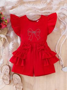 2pcs/Set Young Girl Red Bow Rhinestone Cap Sleeve Vest Top & Shorts Set, Cute Refreshing Summer Outfit - Red - View 4