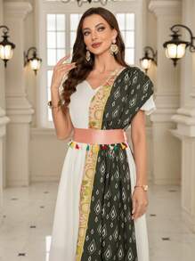 SHEIN Đầm tay ngắn họa tiết hoa hình khối màu trắng cho nữ - trắng - Xem 5