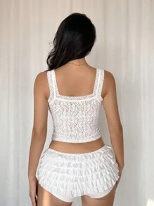 SHEIN EZwear Women's Floral Lace Trim Fitted Camisole With Bow Decor - White - View 2