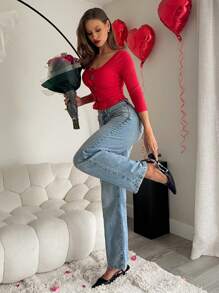 SHEIN Essnce Women's Solid Color 3D Floral Decor Long Sleeve Casual Knit Top - Red - View 5