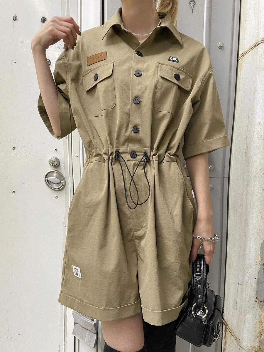 FRIFUL Combishort utilitaire kaki pour femmes, avec étiquette tissée, taille ajustable, combishort décontracté pour l'été - Kaki - Voir 1