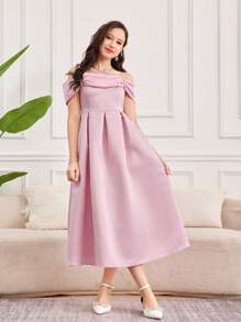 SHEIN Teen Girls' Elegant A-Line Ruffled Off Shoulder Dress, Pink - Pink - View 4