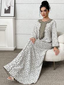 Yasmyna Embroidered Mini Ditsy Floral Ladies Dress, Turkish And Arabic Traditional Long Robe, Modest Kaftan - Multicolor - View 5