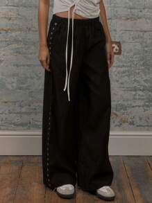 MUSERA 低腰弹力磨毛修身镂空细节阔腿裤，90年代夏季性感时尚优雅 - 黑色 - 查看 2