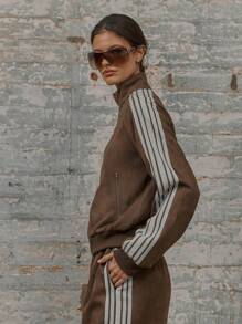 MUSERA Zip Through Cuffed Sleeve Stripe Detail High Collar Sweatshirt Graduation, Back To School, Teacher For Women, Fall Autumn Winter Christmas