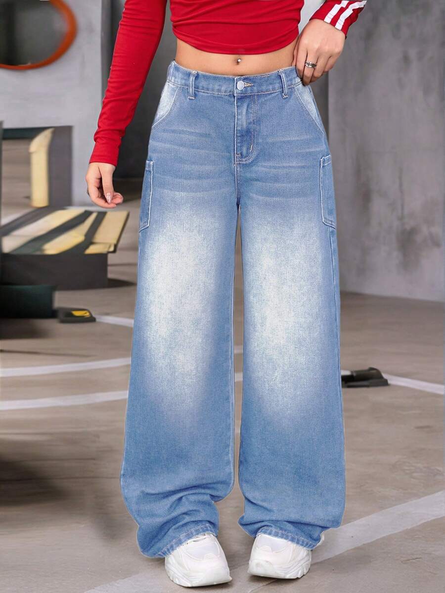 SHEIN Y2K 时尚圣诞服饰复古水洗斜口袋宽松阔腿牛仔裤，适合青少年女孩街头装 - 淺色水洗藍 - 查看 1