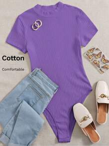 SHEIN EZwear Mock-neck Rib-knit Bodysuit - Violet Purple - View 6