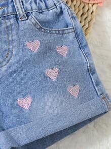 Young Girl Heart Embroidery Stylish Versatile Denim Shorts,Holiday,Summer,Travel