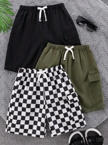 2pcs/Set Tween Boy Casual Conservative Classic Plaid/Solid Color Patch Pocket Loose Woven Shorts Outfit, 3 Designs, Suitable For School, Garden, Beach, Birthday, Spring/Summer/Autumn/Winter