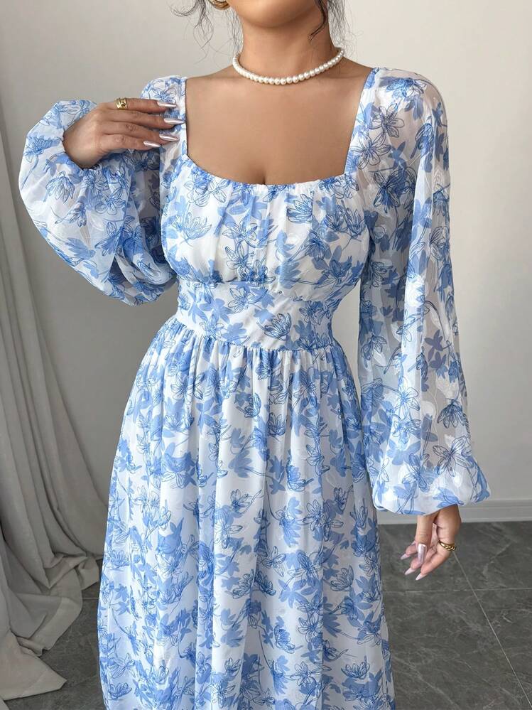 blue floral chiffon puff sleeve ruched bodycon dress Modelyn Chiffon Laser Cut Floral Print Ruched Bust Romantic Dress