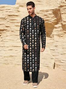 Manfinity Homme Eid Mubarak  Ramadan Men's Set Of Gold Foil Floral Print Long Sleeve Long Shirt Robe And Pants - Black - View 7