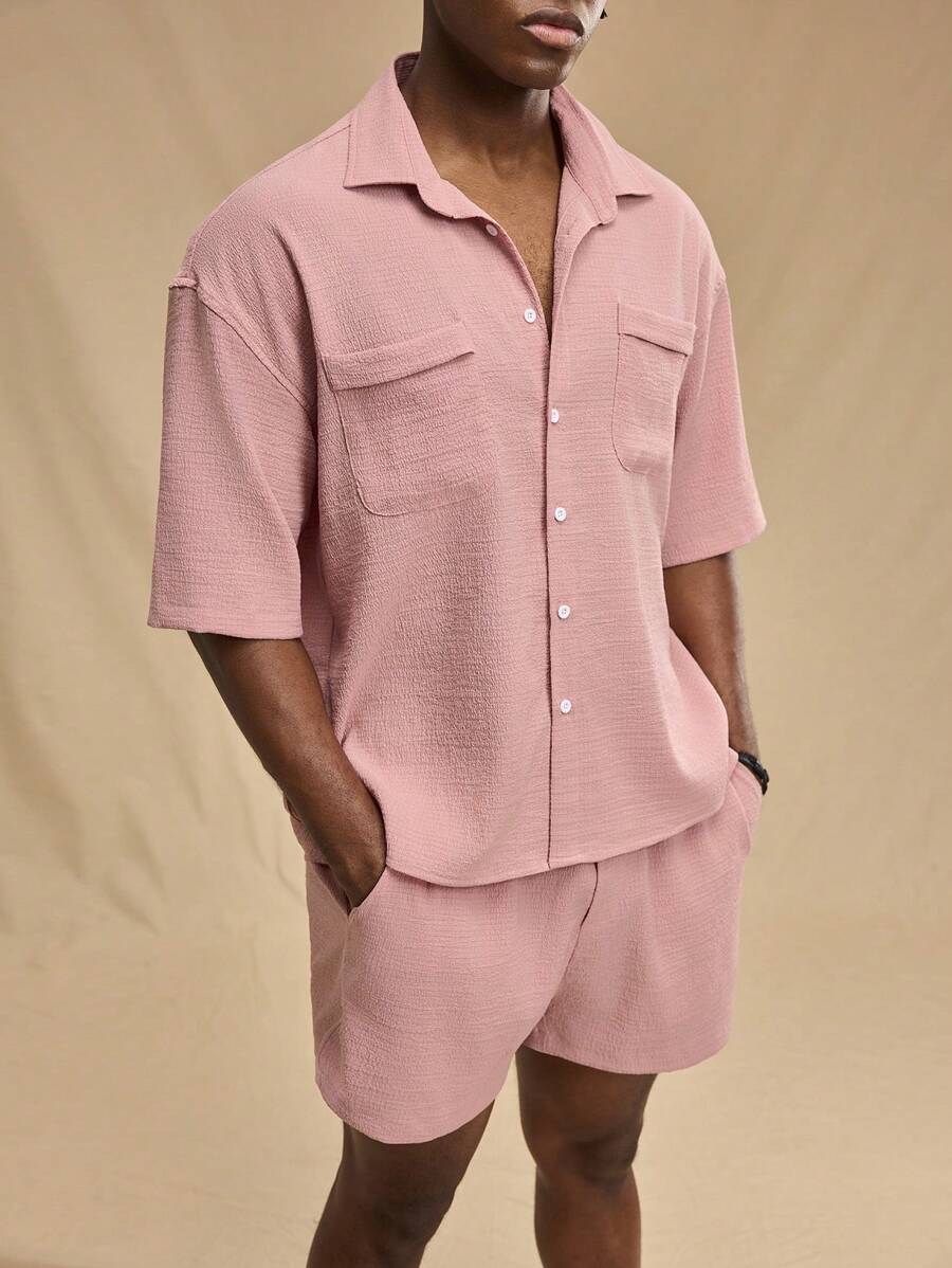 Forever 21 Men's Solid Color Textured Short Sleeve Shirt And Shorts Set For Spring And Summer , Basic , Going Out , Plain , Husband