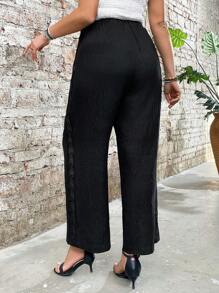 SHEIN LUNE Plus Size Solid Color Lace Patchwork Casual Loose Pants, Everyday Wear