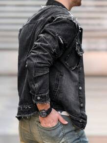Manfinity LEGND Men's Single Breasted Frayed Trim Casual Denim Jacket, Autumn - Black - View 4