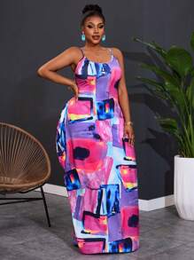 Slaydiva Plus Size Women Geometric Printed Sleeveless Casual Beach Dress With Pockets, Versatile For Spring & Summer - Multicolor - View 4