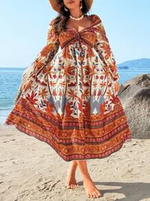 SHEIN Clasi Plus Size Women Palm Tree Print Casual Maxi Dress For Resort Fall Cloth For Women - Multicolor - View 2
