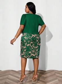 Fleurora Plus Size Women Business Elegant Puff Sleeve Floral Print Green Mid-Length 2-Piece Set,Holiday Outfits