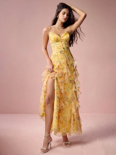 Enchnt Spring And Summer Romantic Women's Yellow Floral Print Spaghetti Strap Organza Slit Dress, Sweet Elegant Sexy Sundress, Suitable For Wedding Season, Holidays, Vacation, Sweet Date And Graduation Season, Women's Summer Clothing, Elegant Dress