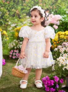 Vestido de manga corta de malla con estampado floral elegante y lindo para niña bebé "Fern Glow" - Blanco - Ver 3