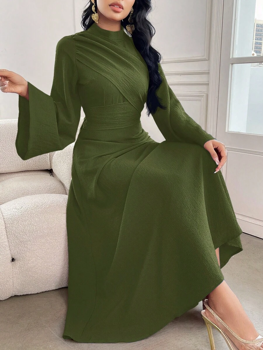 Modelyn 女士纯色立领喇叭袖口褶皱优雅连衣裙 - 軍綠色 - 查看 1