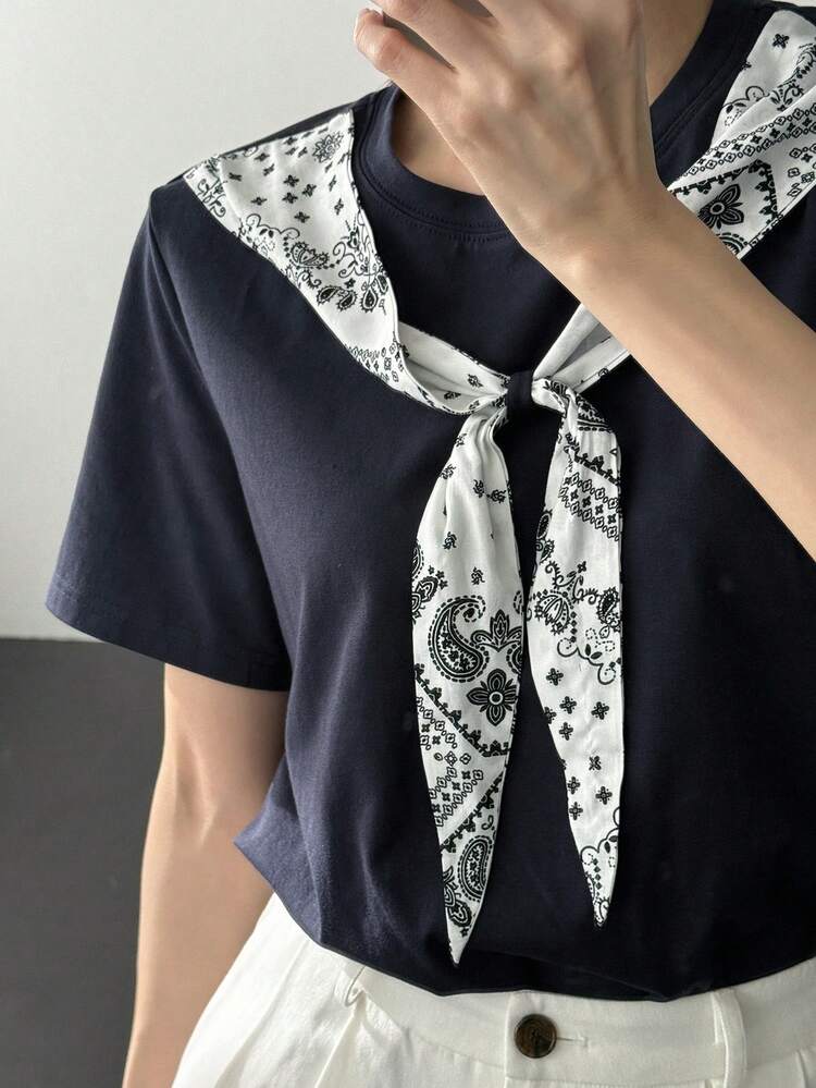 Women's Casual Graphic Print Patchwork T-Shirt, Suitable For Summer Sports, Beach And Leisure