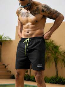 Surfspeed 大码男士撞色抽绳腰沙滩短裤泳装，休闲度假 - 黑色 - 查看 6